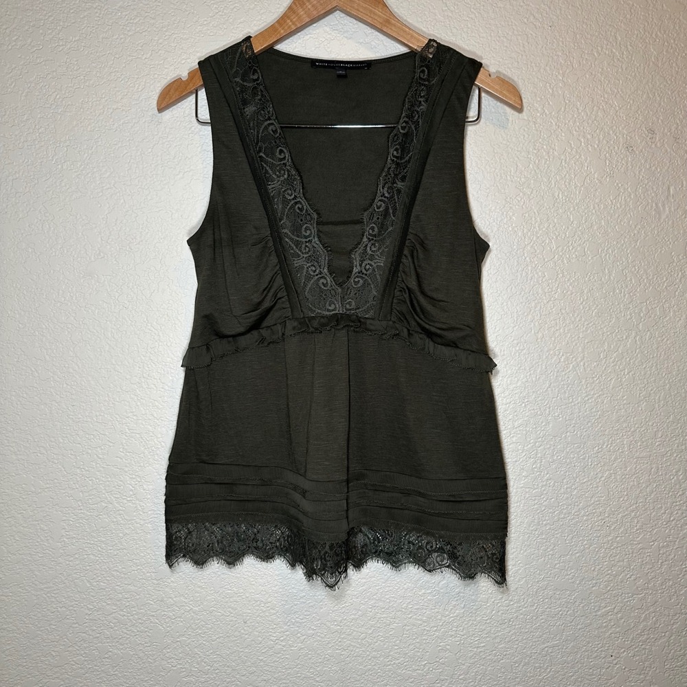 White House Black Market Womens S Top Y2K Style Green Lace V-Neck Babydoll Tank‎